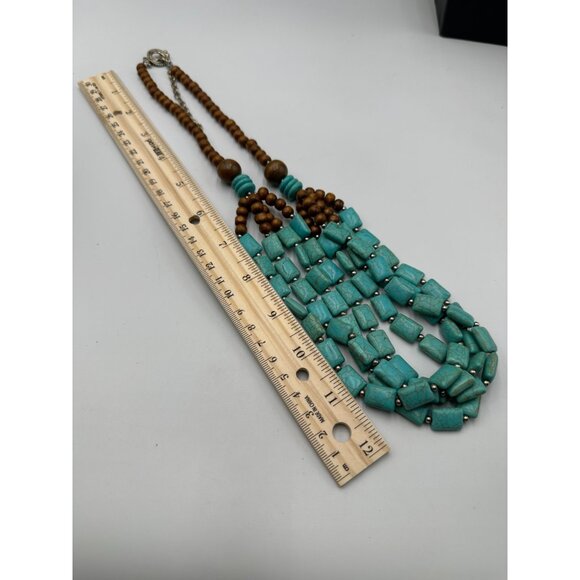 Faux Turquoise Beaded Necklace Wood Beads Multi Strand Statement Boho Western - Picture 9 of 11
